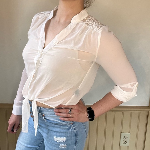 mine Tops - mine Sheer Embroidered Blouse Bridal Honeymoon Lace Front Tie Detail Womens Sz L